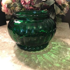 Vintage ALR.co emerald green glass ribbed round vase planter bowl.